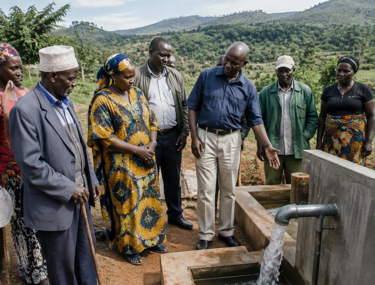 Local leaders reviewing a community water project